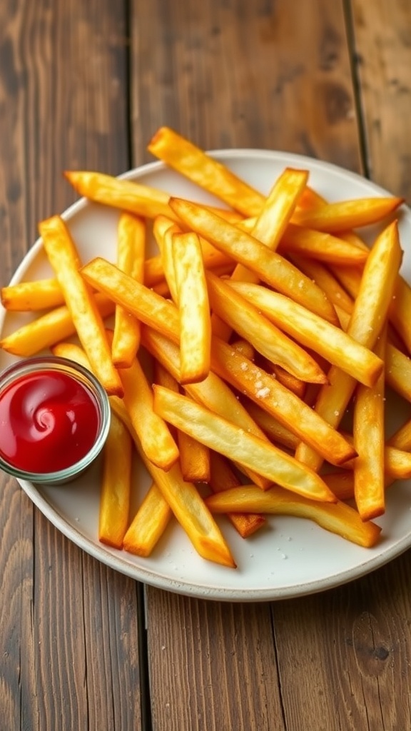 Crispy Air Fryer French Fries Recipe Crispy air fryer french fries served with ketchup on a rustic table.